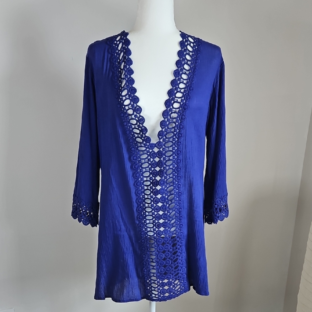 La Blanca M/L Swim Coverup Purple Embroidered Trim Beach Vacation Resortwear - Picture 2 of 9